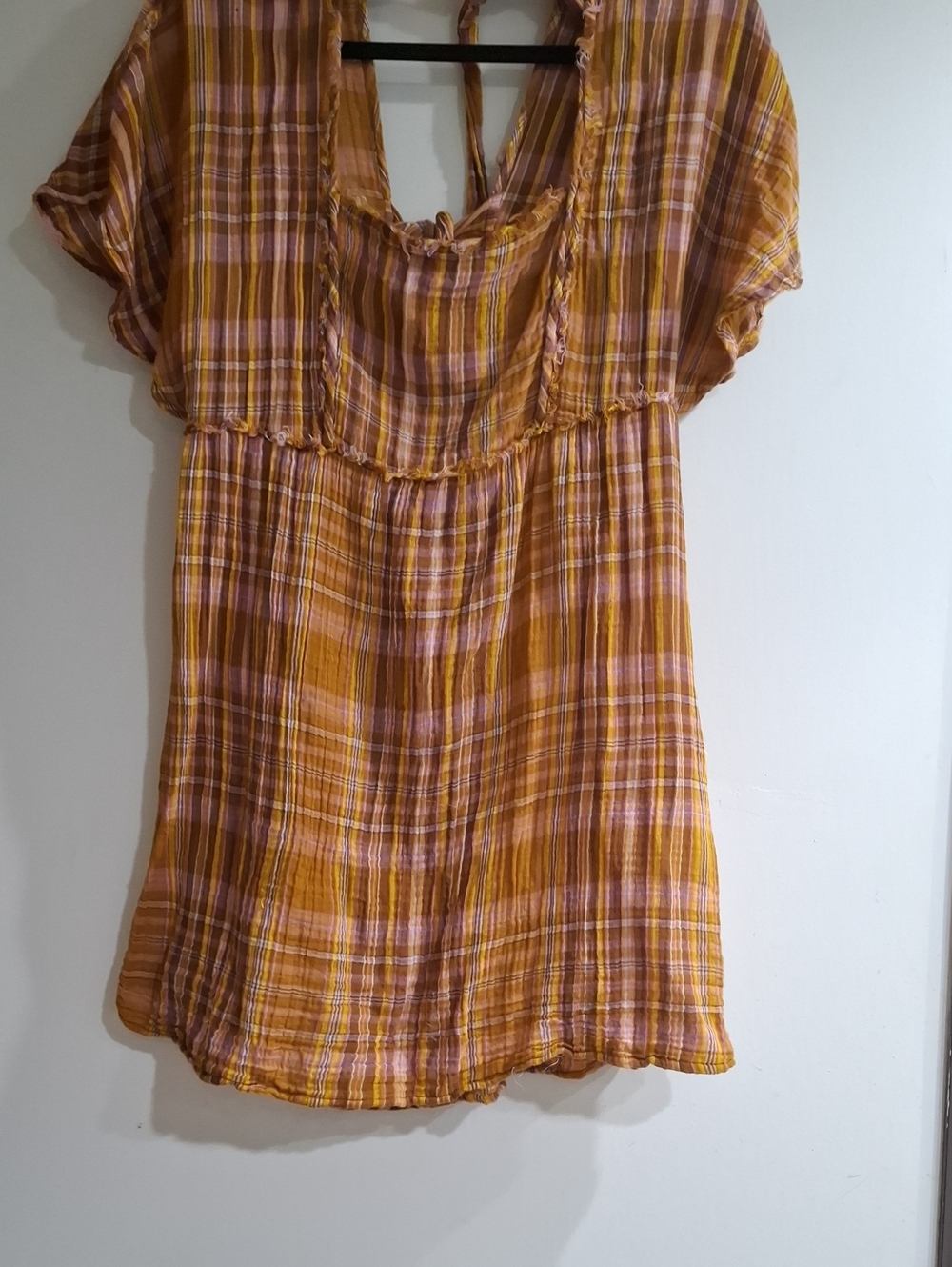 Anthropologie Mustard and Pink Plaid Short-Sleeve Tunic